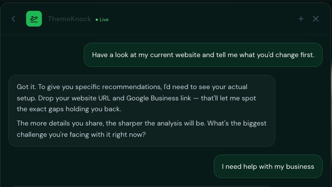 The ThemeKnock assistant answering and then asking a follow up question