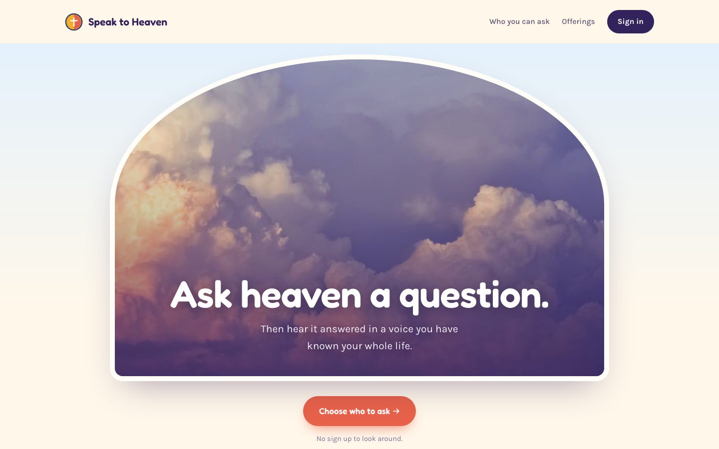 The SpeakToHeaven concept: an arched sky window above illustrated medallions
