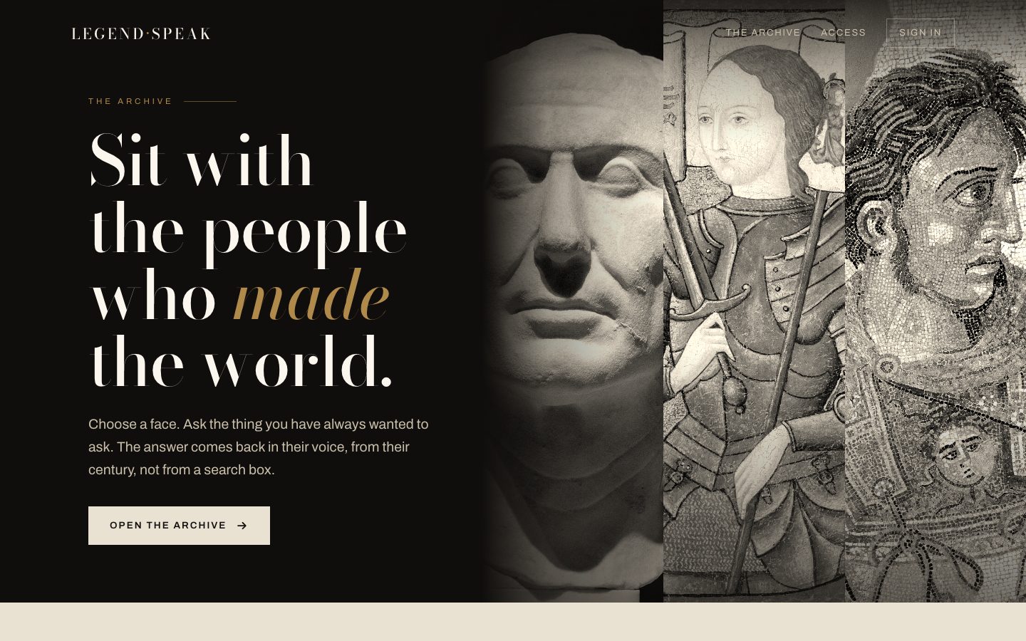 The LegendSpeak concept: a wall of historical portraits beside the headline